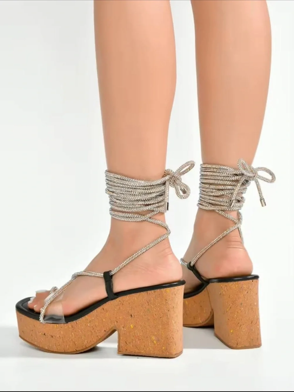 Cape Robbin Gold Glitter Wrap Cork Lace-Up Platform Sandals